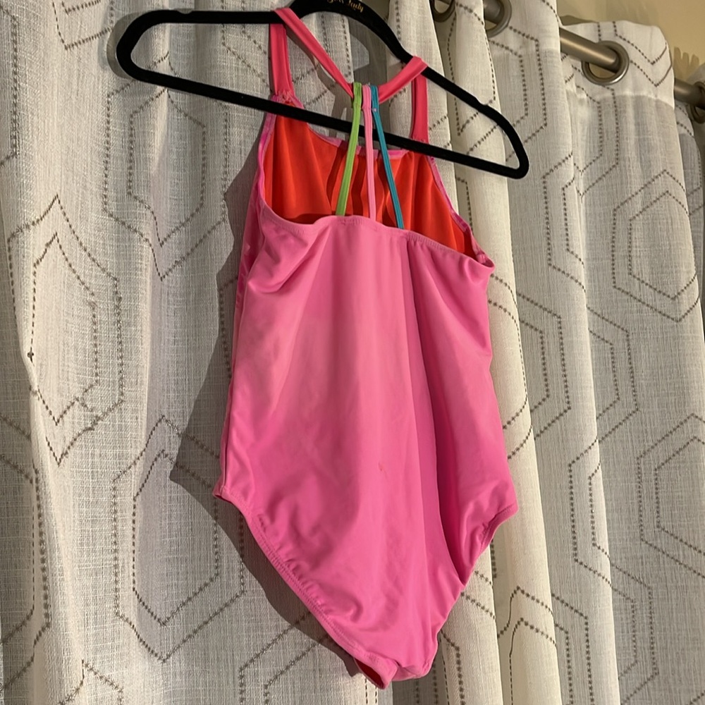Girl’s L 1pc Bathing Suit Pink/Blue Racer Back Design Straps In Back - Picture 7 of 8